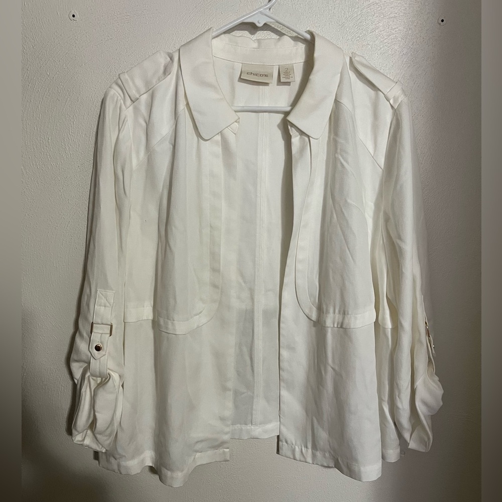 CHICO'S Classic Vintage 100% Lyocell Lightweight Jacket White Gold Women's Sz L